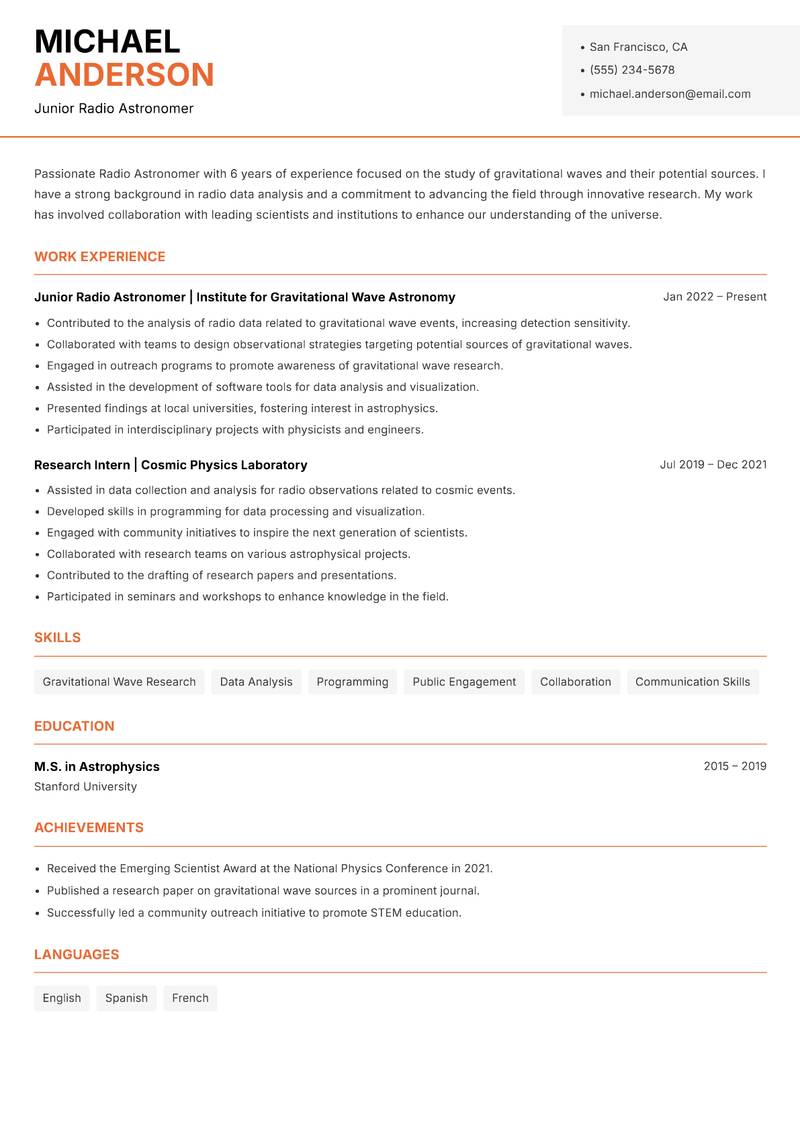 Radio Astronomer resume template — Modern Professional
