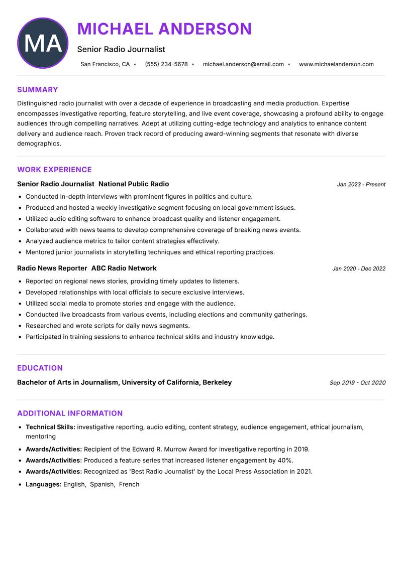 Radio Journalist resume example — ATS-friendly template