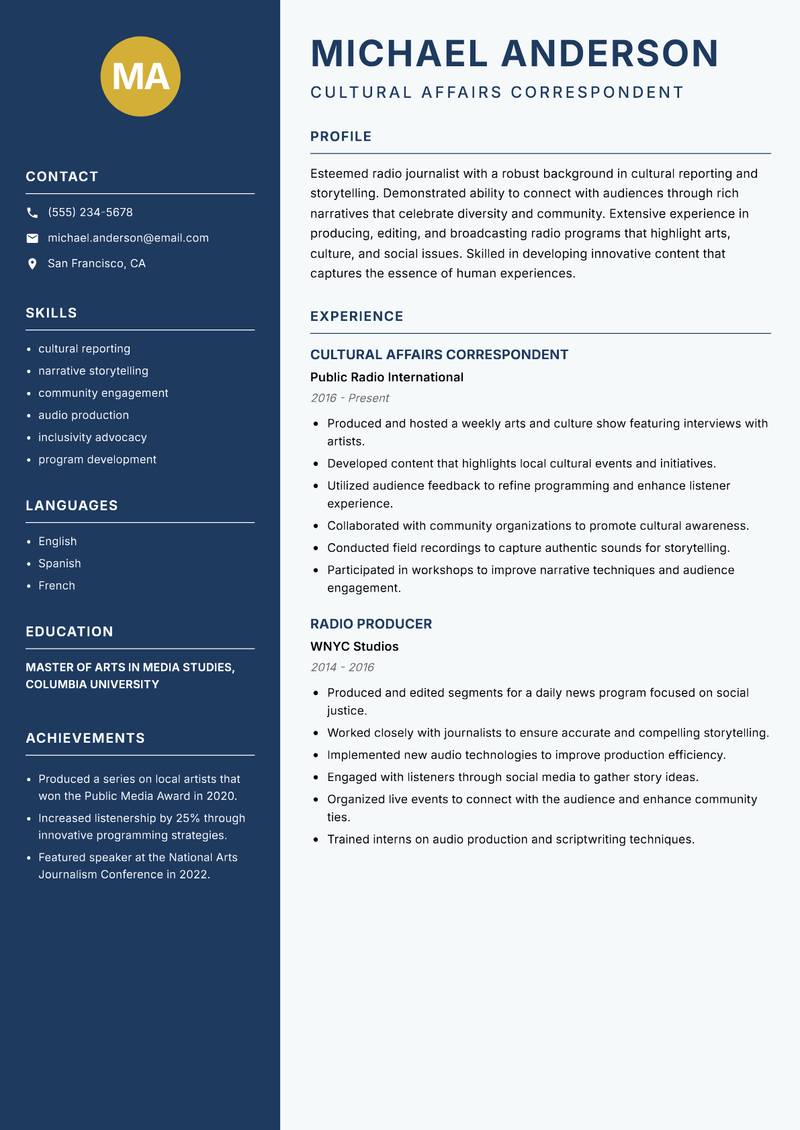 Radio Journalist resume template — Classic Clean