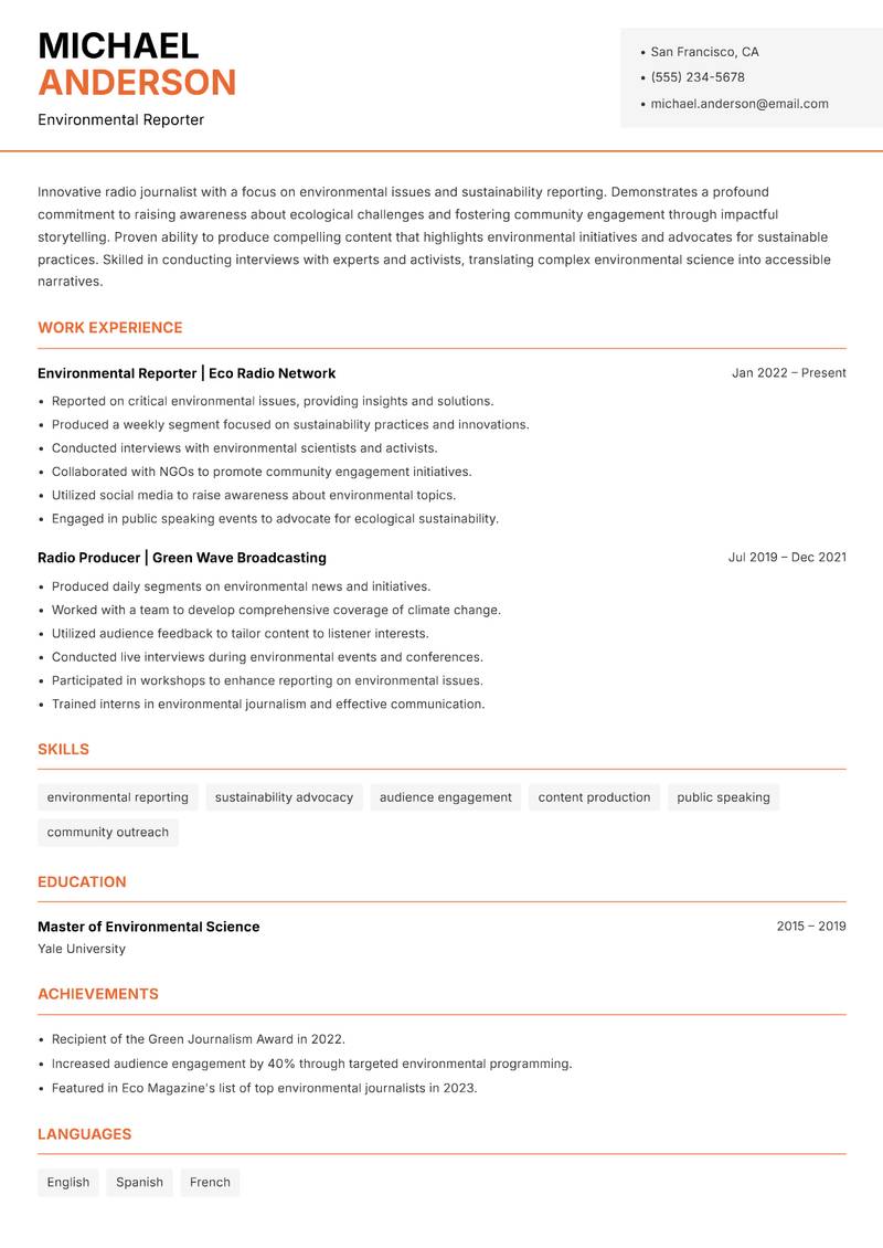 Radio Journalist resume template — Modern Professional