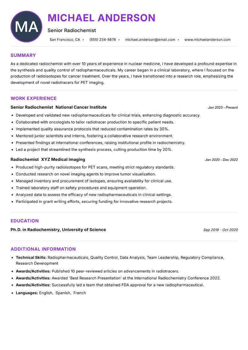 Radiochemist resume example — ATS-friendly template