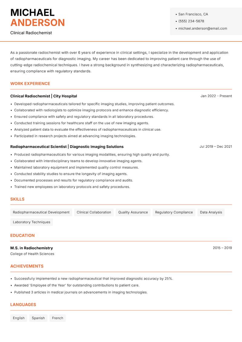 Radiochemist resume template — Modern Professional