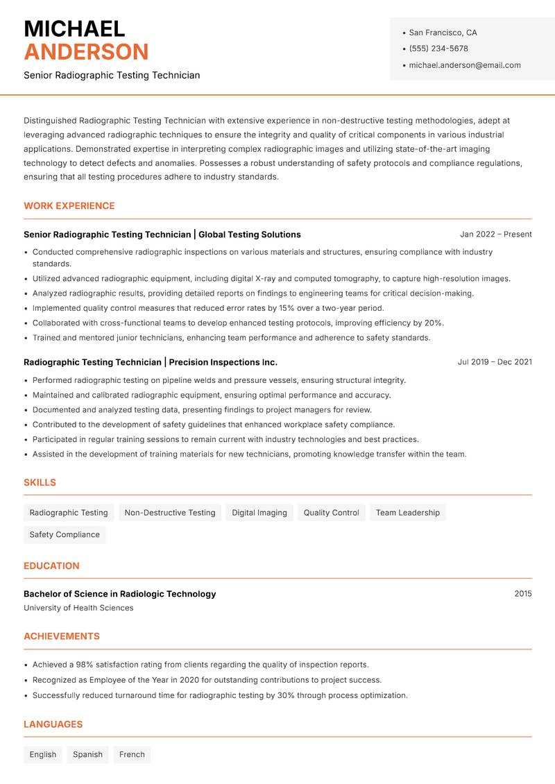 Radiographic Testing Technician resume template — Modern Professional