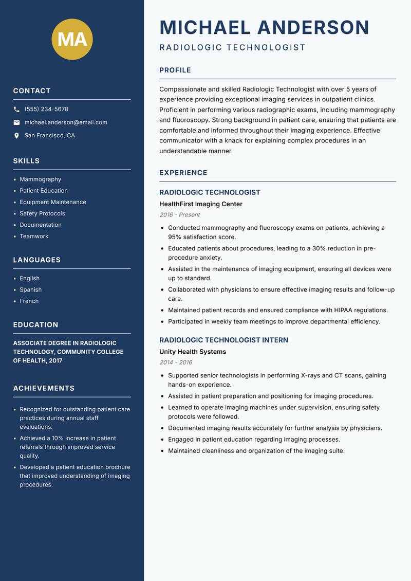 Radiologic Technologist resume template — Classic Clean