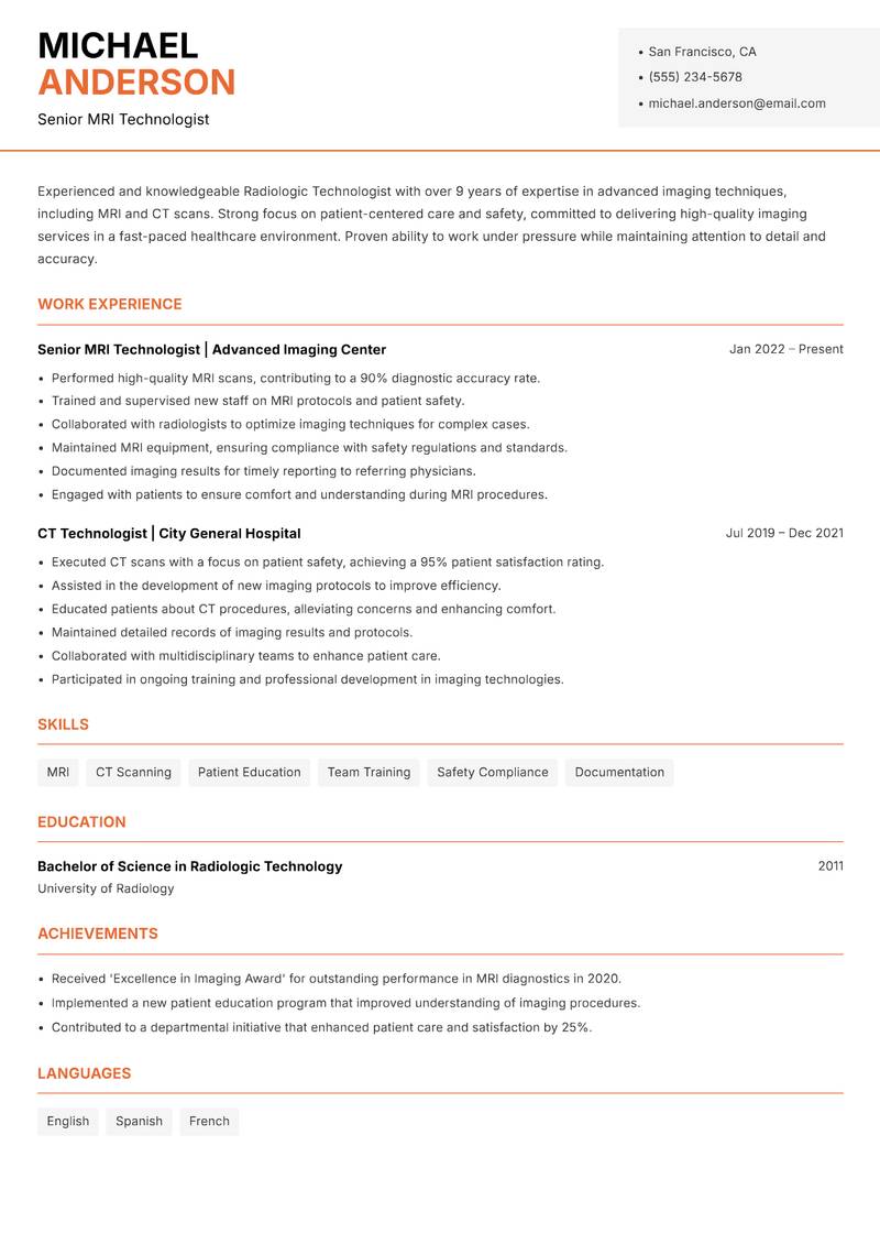 Radiologic Technologist resume template — Modern Professional