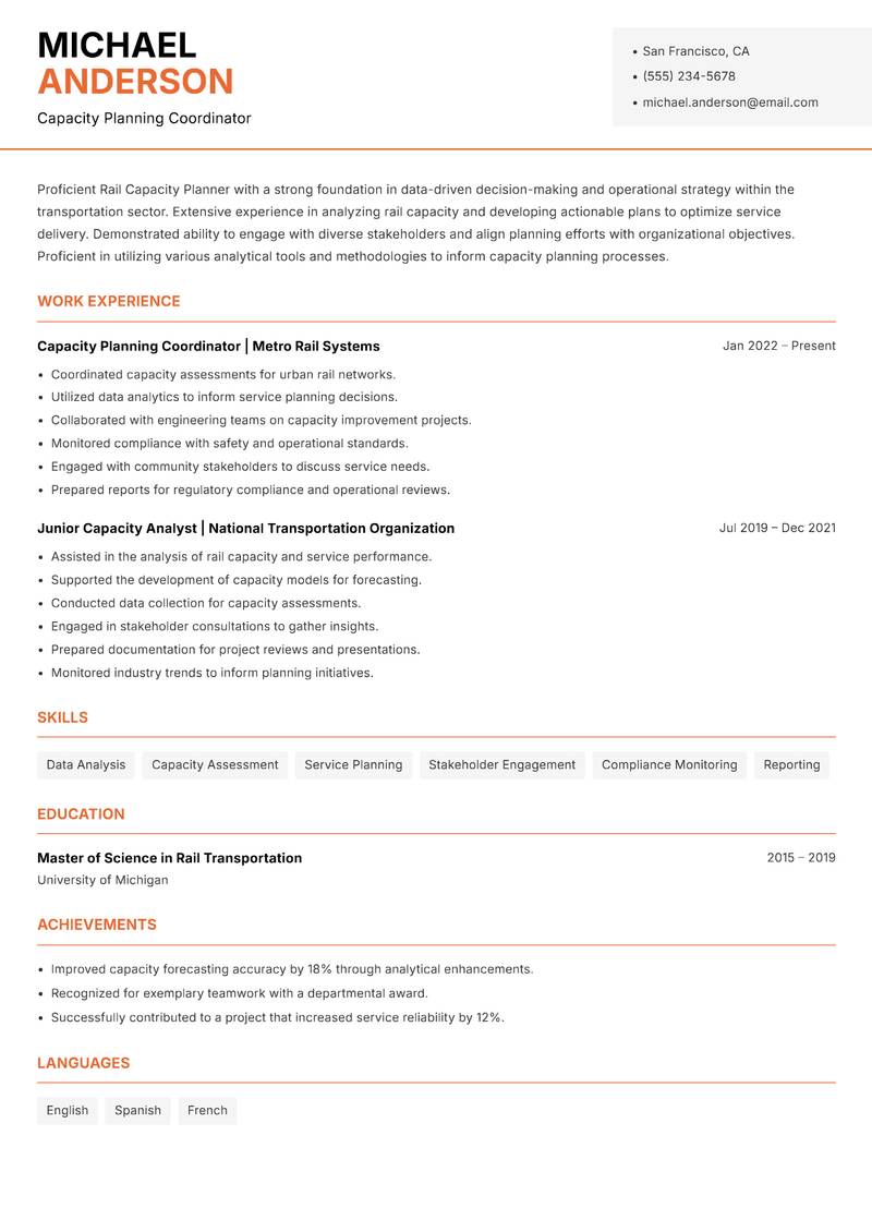 Rail Capacity Planner resume template — Modern Professional