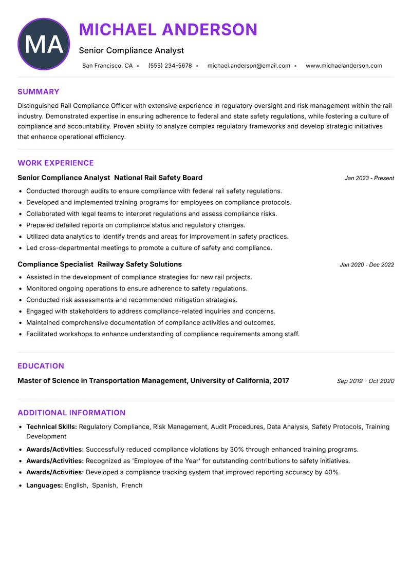 Rail Compliance Officer resume example — ATS-friendly template