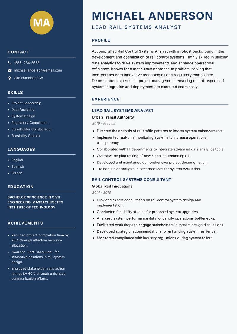 Rail Control Systems Analyst resume template — Classic Clean