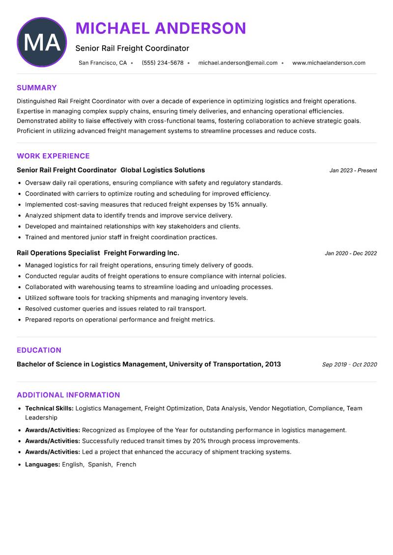 Rail Freight Coordinator resume example — ATS-friendly template