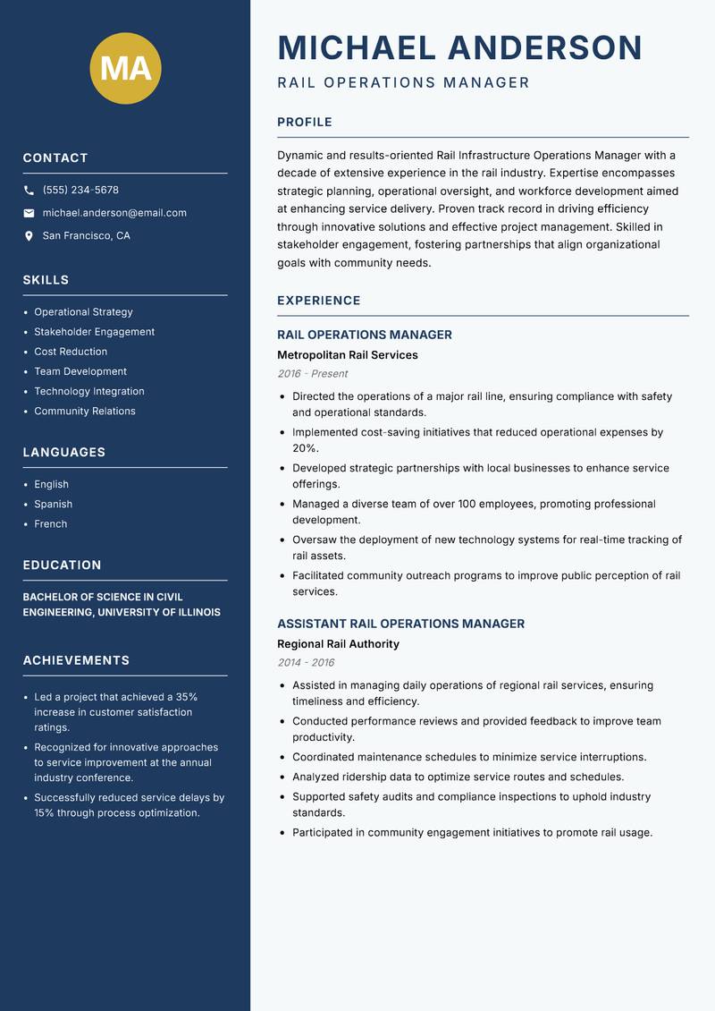 Rail Infrastructure Operations Manager resume template — Classic Clean