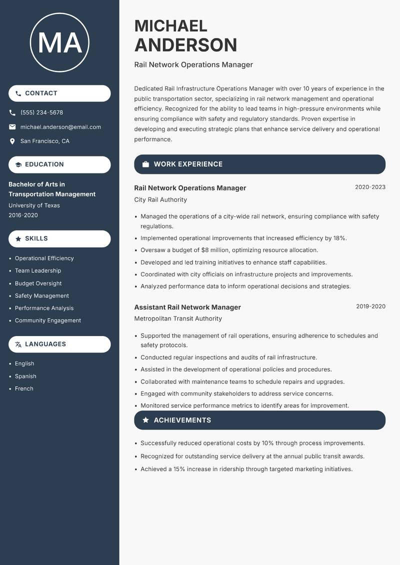 Rail Infrastructure Operations Manager resume template — Compact