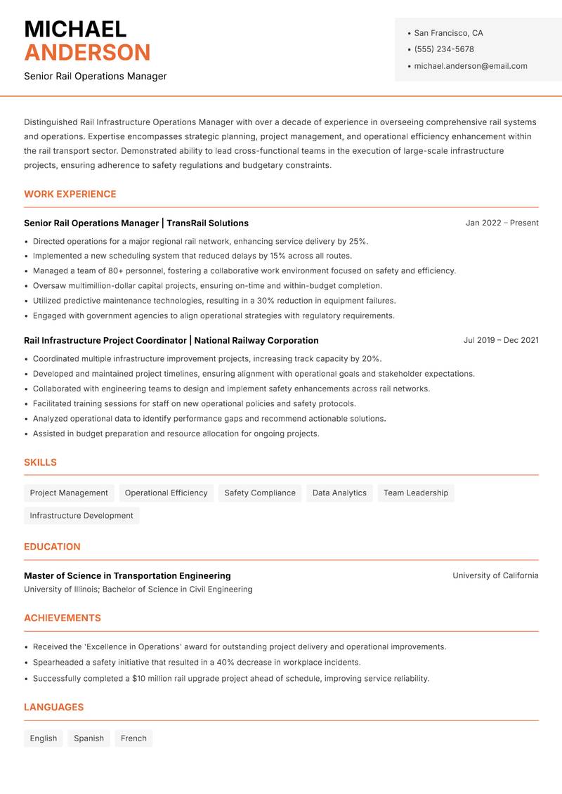 Rail Infrastructure Operations Manager resume template — Modern Professional