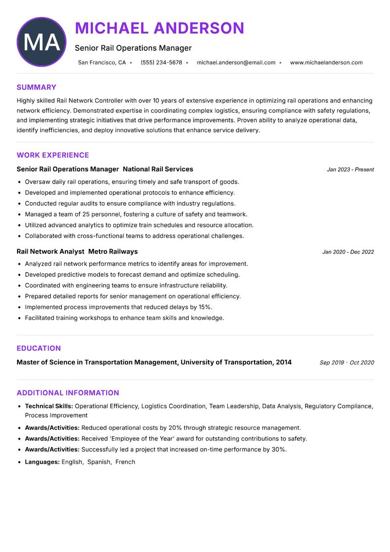 Rail Network Controller resume example — ATS-friendly template