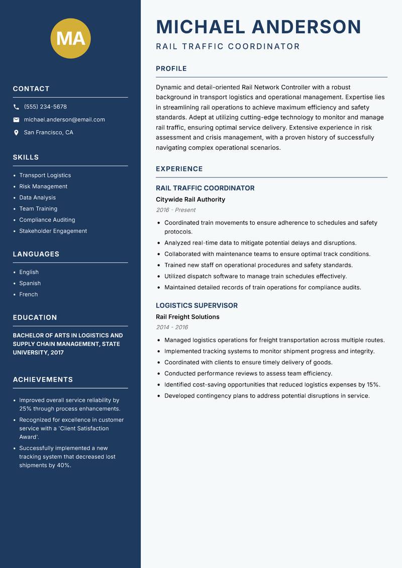 Rail Network Controller resume template — Classic Clean