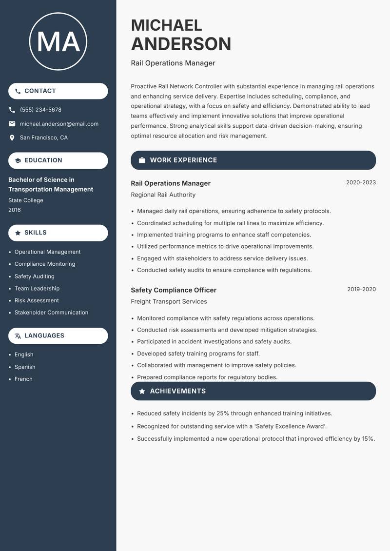 Rail Network Controller resume template — Compact