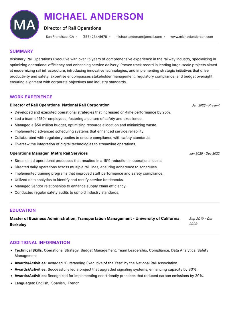 Rail Operations Executive resume example — ATS-friendly template