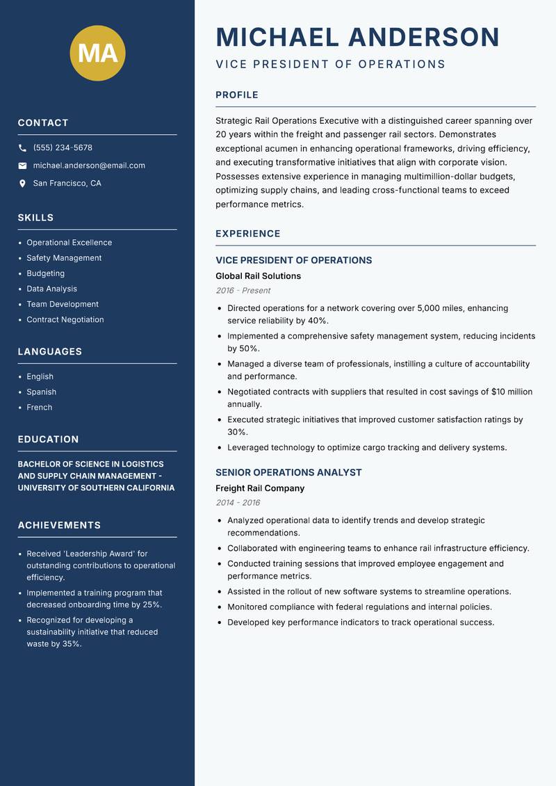 Rail Operations Executive resume template — Classic Clean