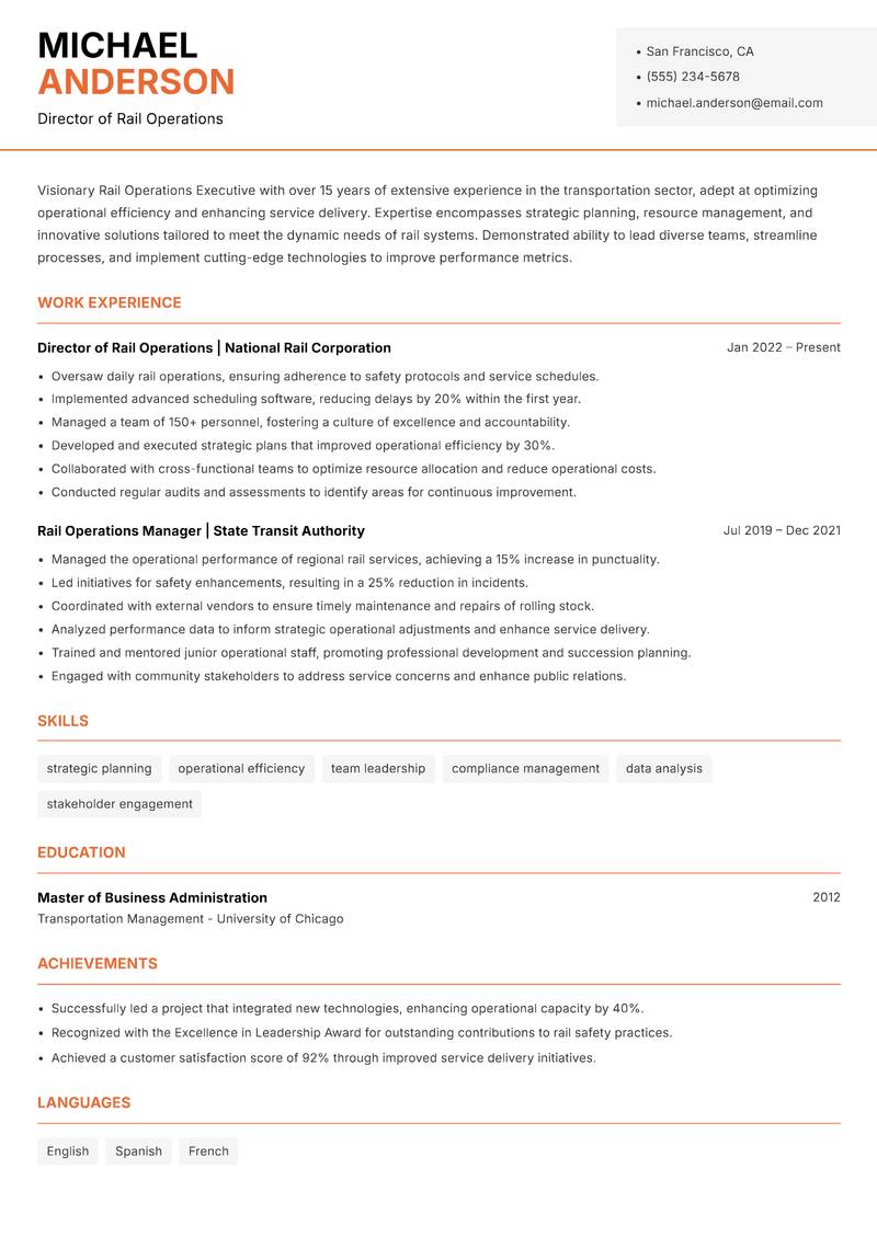 Rail Operations Executive resume template — Modern Professional