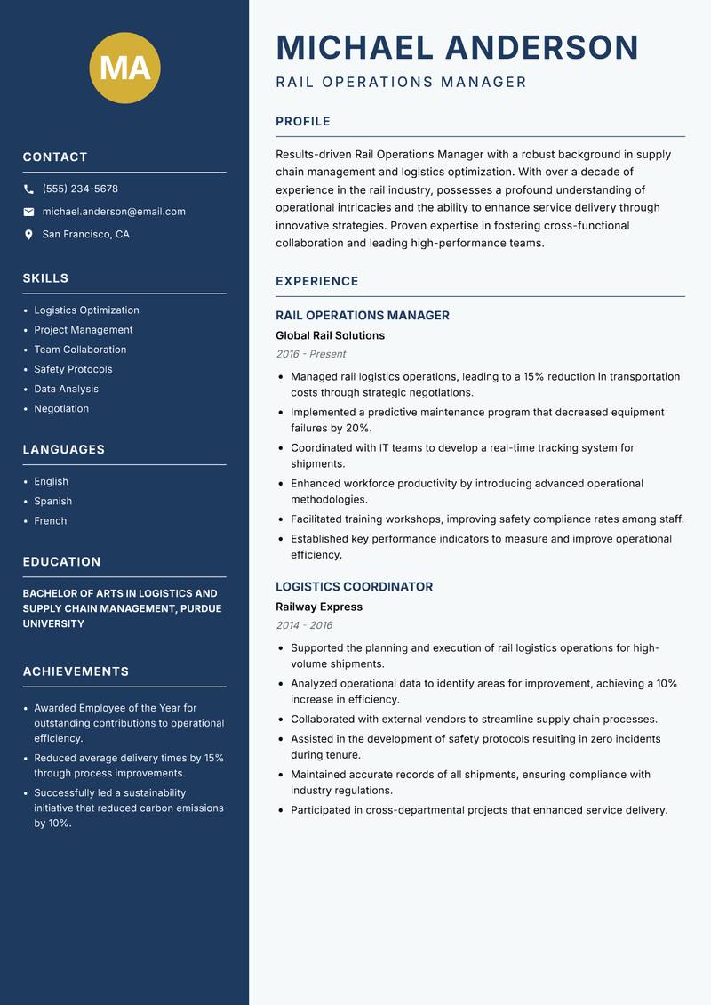 Rail Operations Manager resume template — Classic Clean