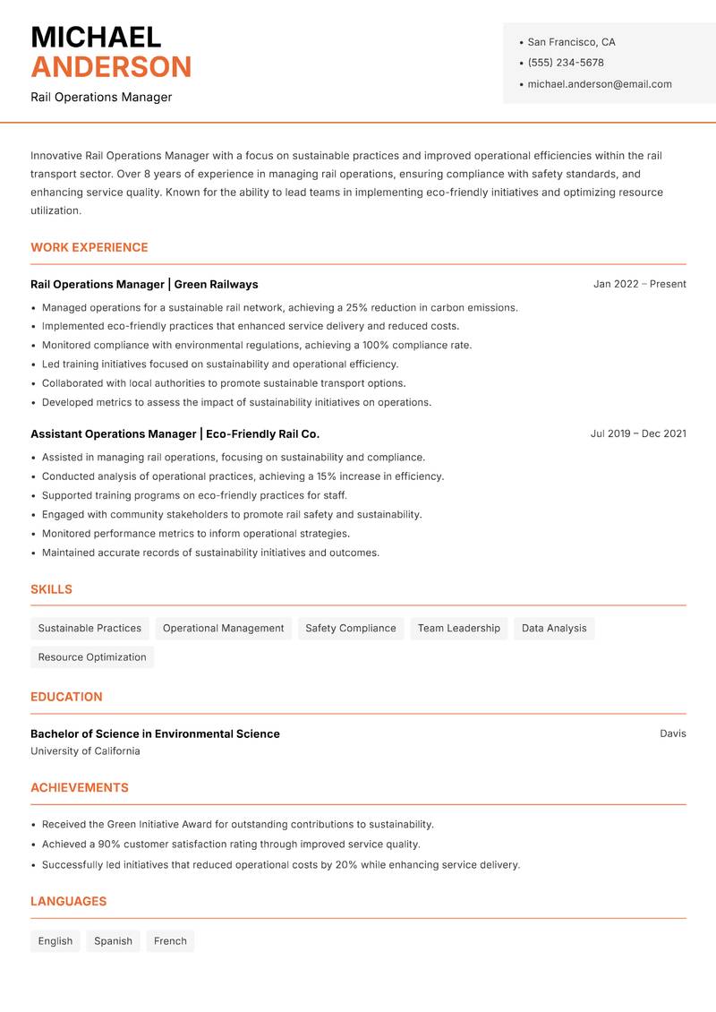 Rail Operations Manager resume template — Modern Professional