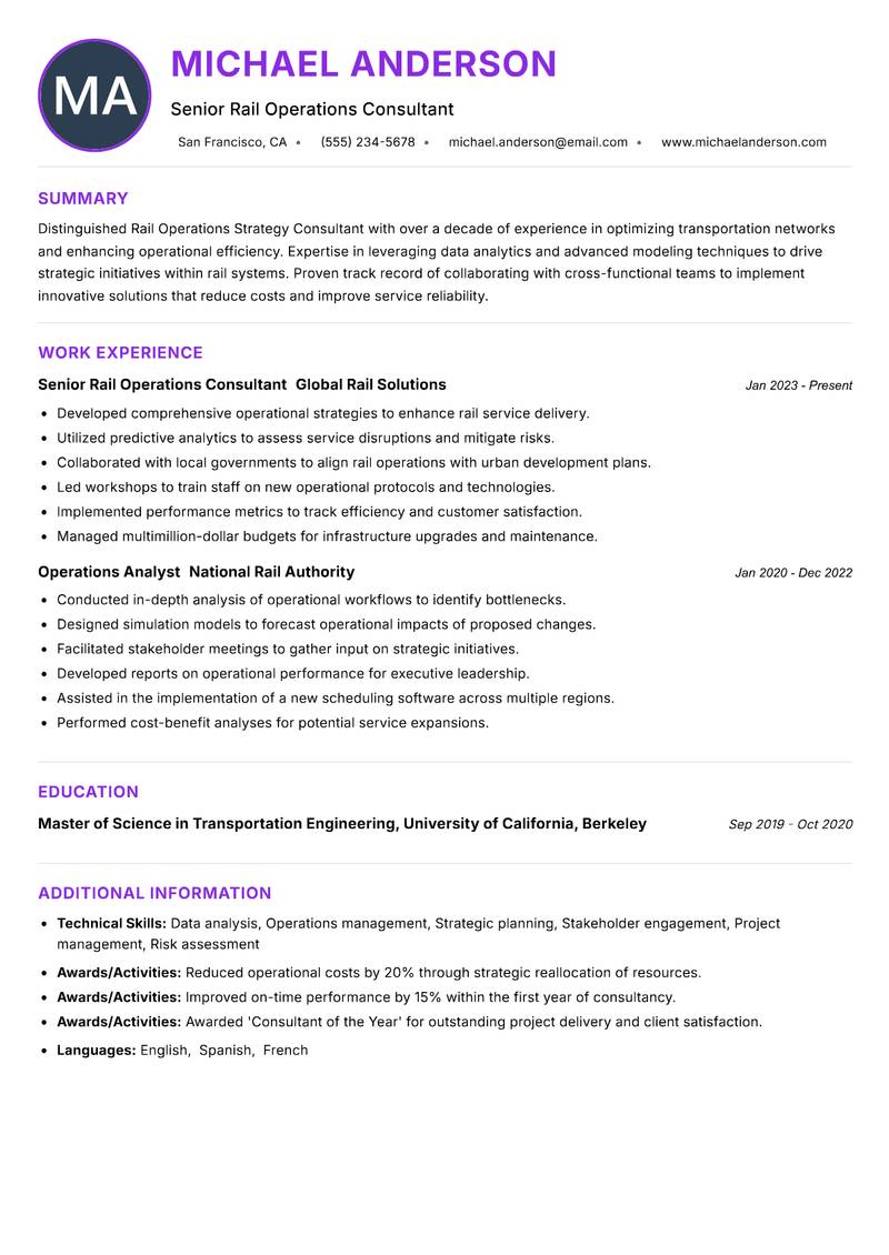 Rail Operations Strategy Consultant resume example — ATS-friendly template