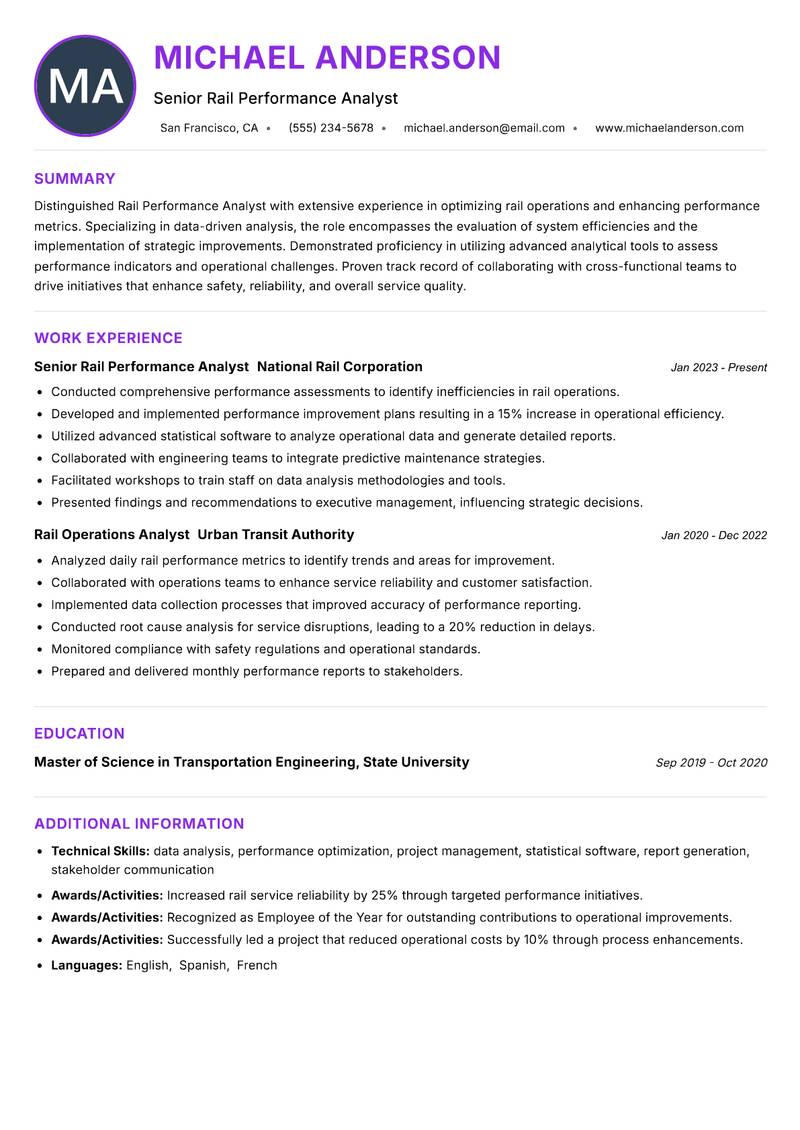 Rail Performance Analyst resume example — ATS-friendly template