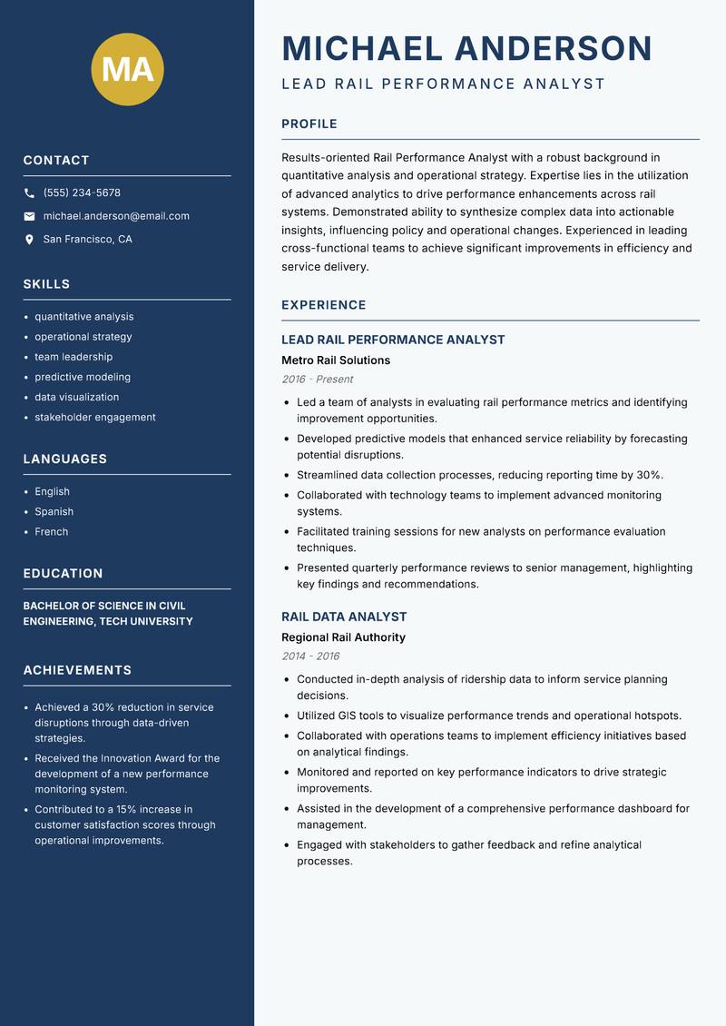 Rail Performance Analyst resume template — Classic Clean