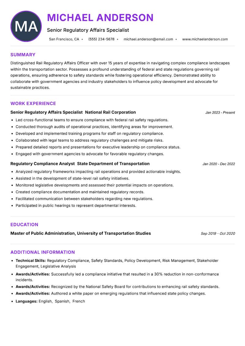 Rail Regulatory Affairs Officer resume example — ATS-friendly template