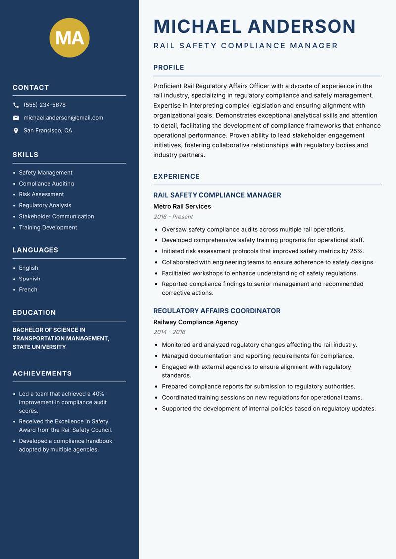Rail Regulatory Affairs Officer resume template — Classic Clean