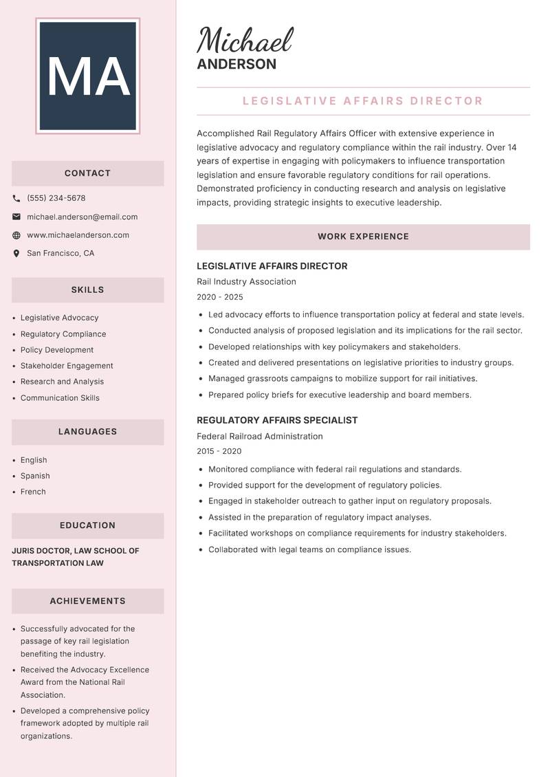 Rail Regulatory Affairs Officer resume template — Executive