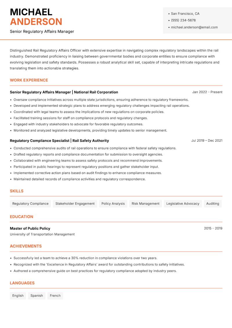 Rail Regulatory Affairs Officer resume template — Modern Professional