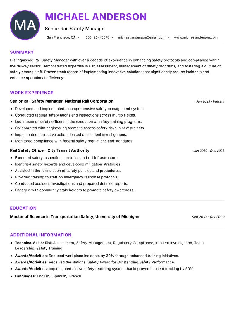 Rail Safety Manager resume example — ATS-friendly template