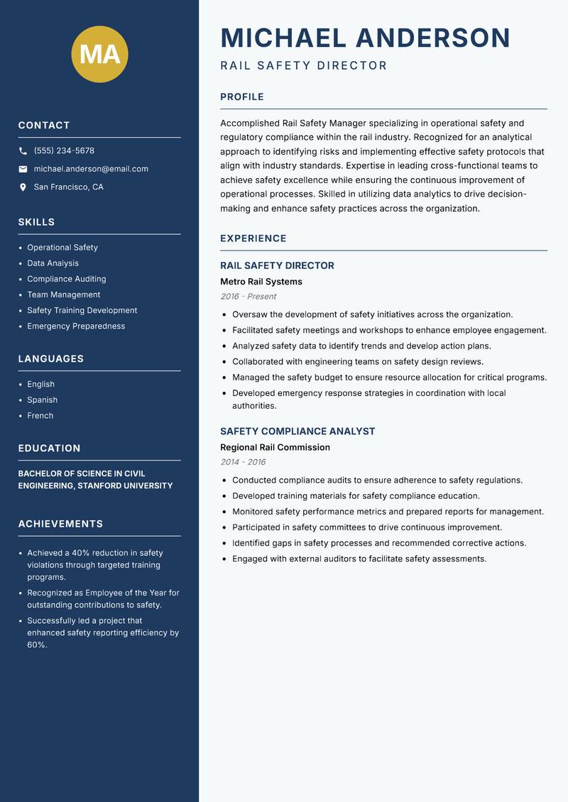 Rail Safety Manager resume template — Classic Clean