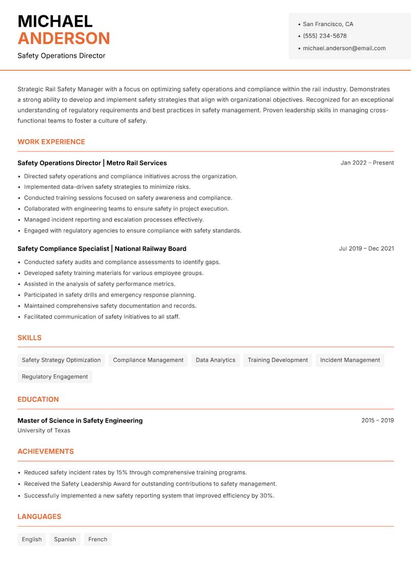 Rail Safety Manager resume template — Modern Professional