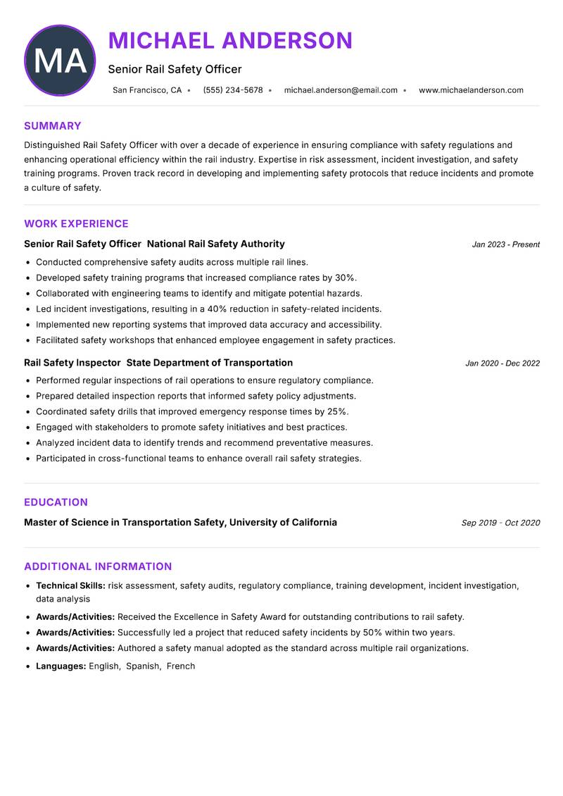 Rail Safety Officer resume example — ATS-friendly template