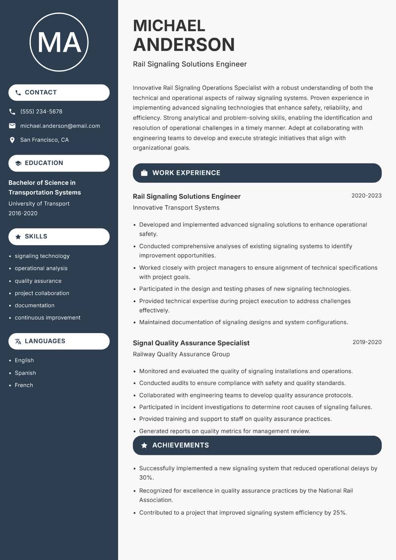 Rail Signaling Operations Specialist resume template — Compact