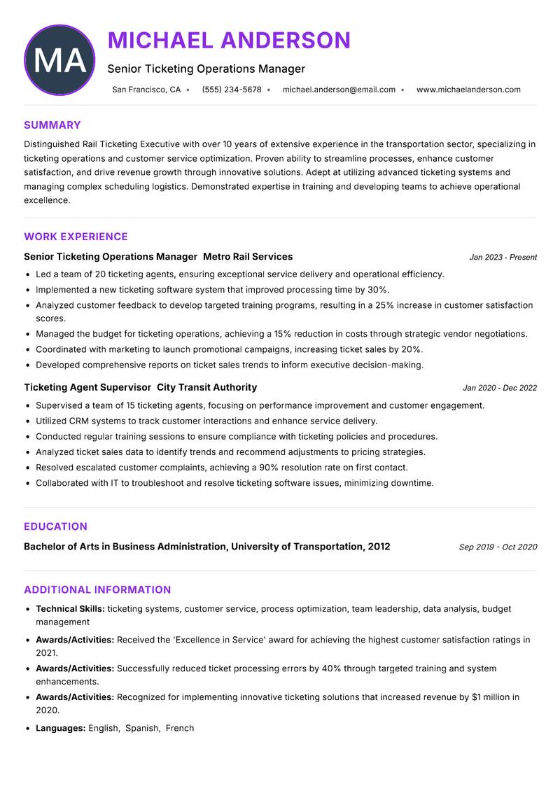 Rail Ticketing Executive resume example — ATS-friendly template