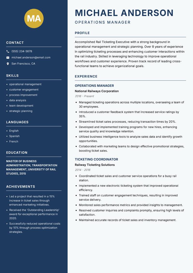 Rail Ticketing Executive resume template — Classic Clean