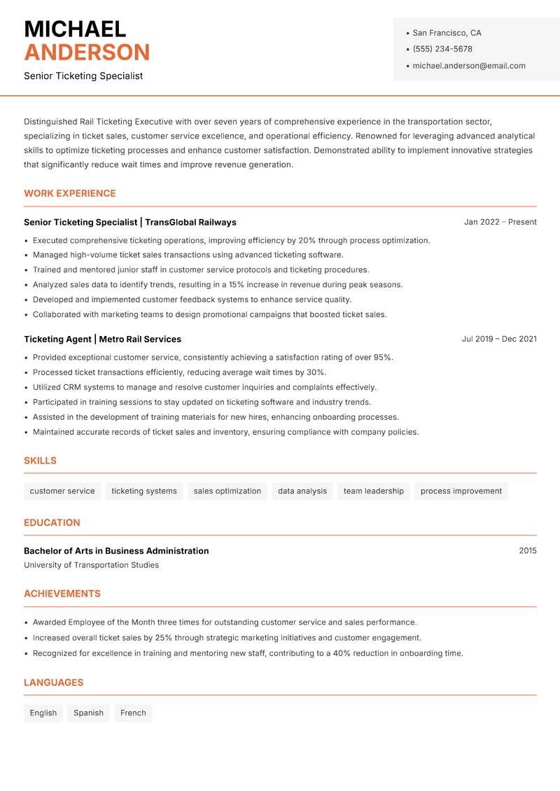 Rail Ticketing Executive resume template — Modern Professional