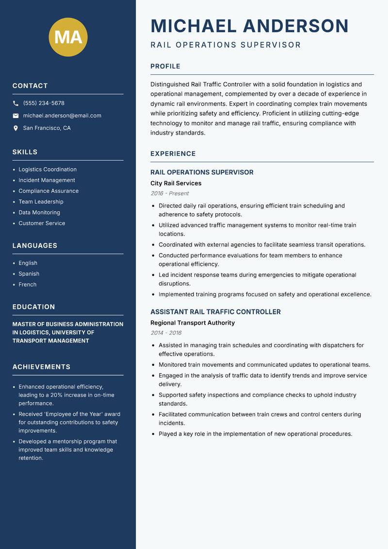 Rail Traffic Controller resume template — Classic Clean