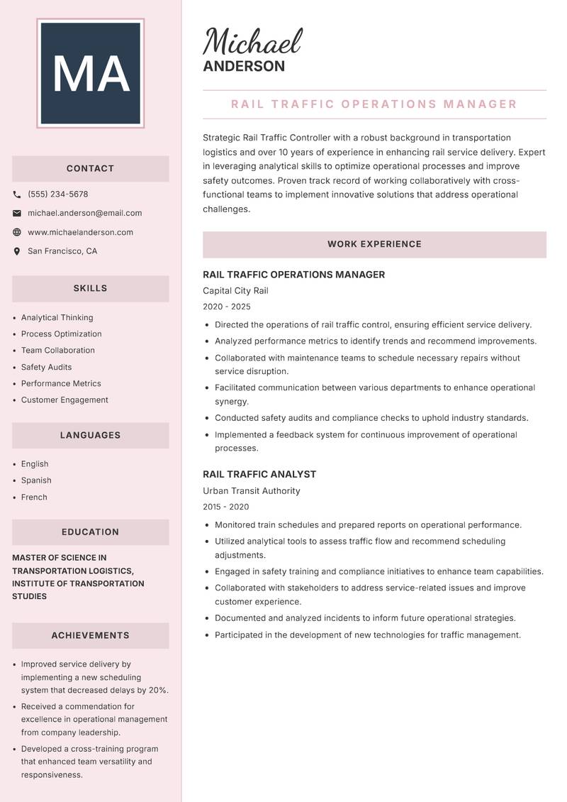 Rail Traffic Controller resume template — Executive