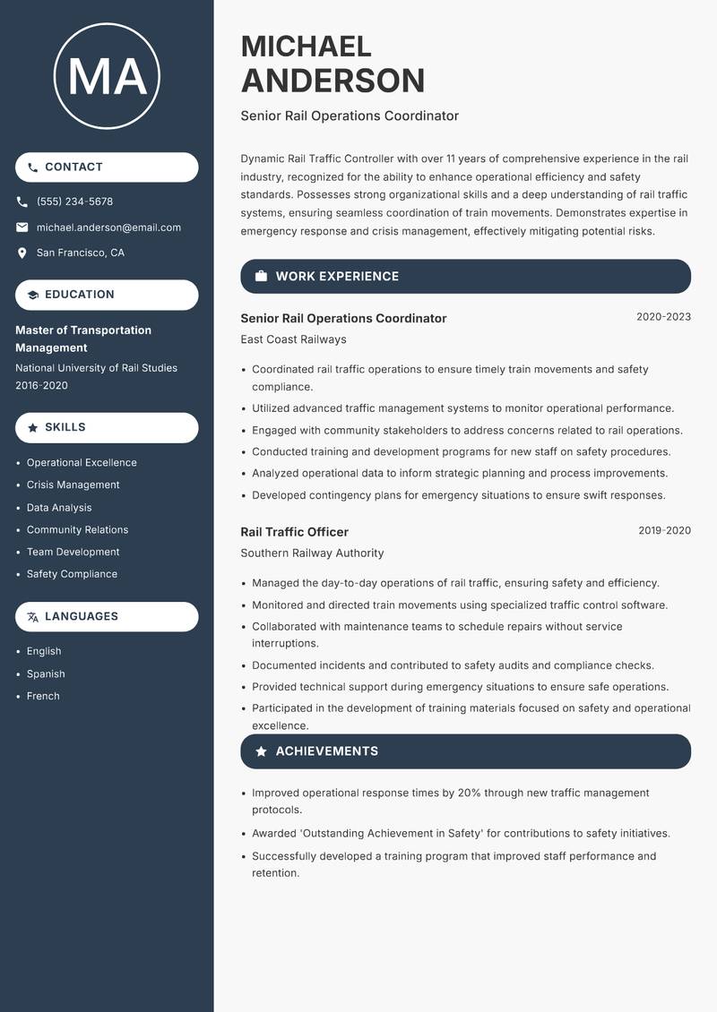 Rail Traffic Controller resume template — Compact