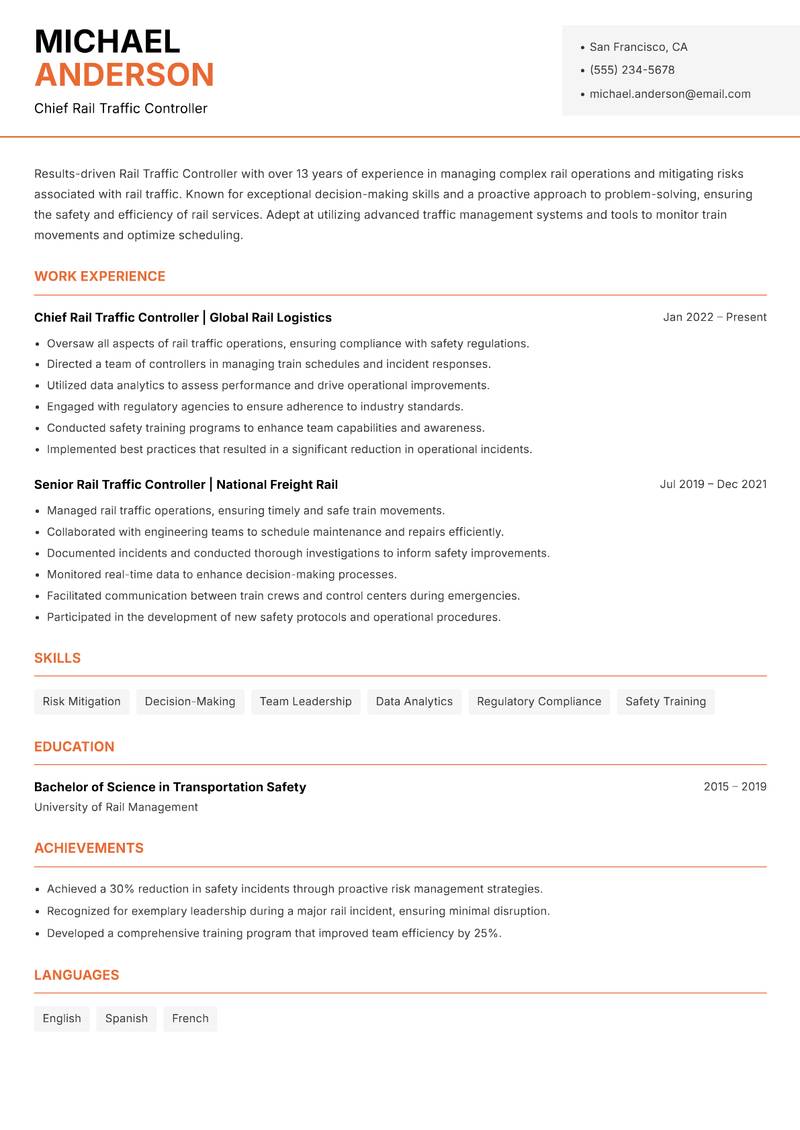 Rail Traffic Controller resume template — Modern Professional