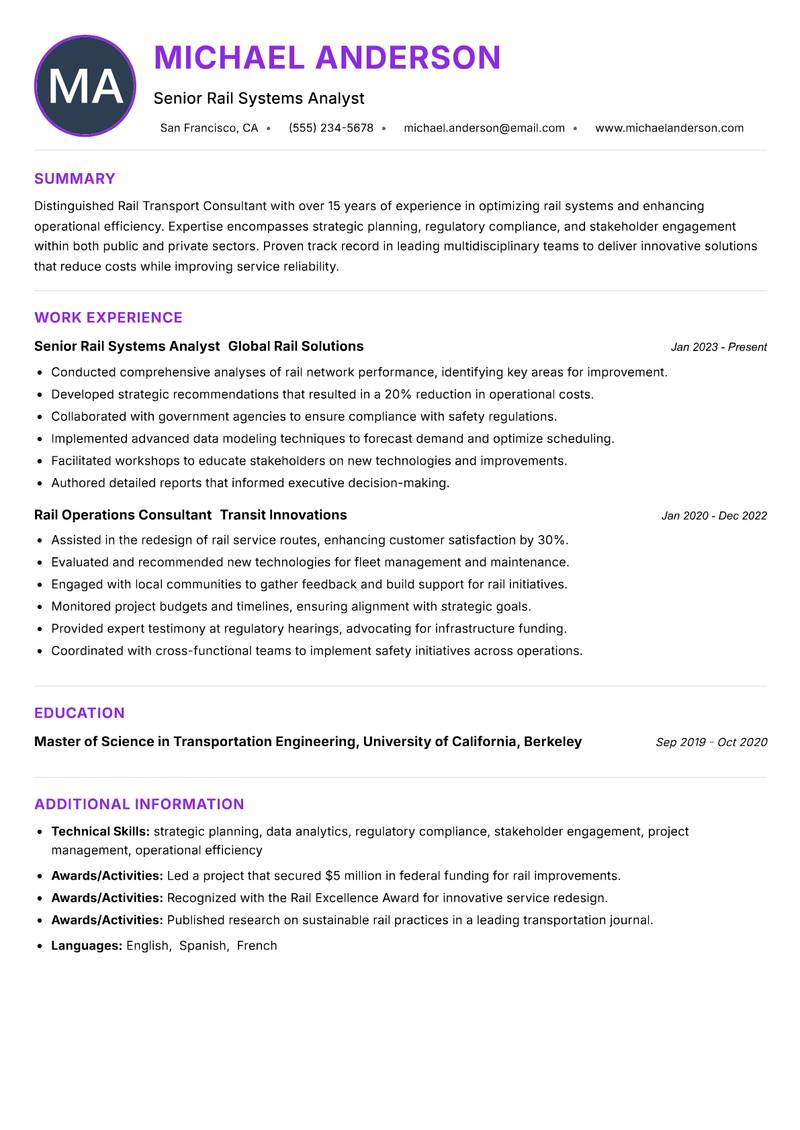Rail Transport Consultant resume example — ATS-friendly template