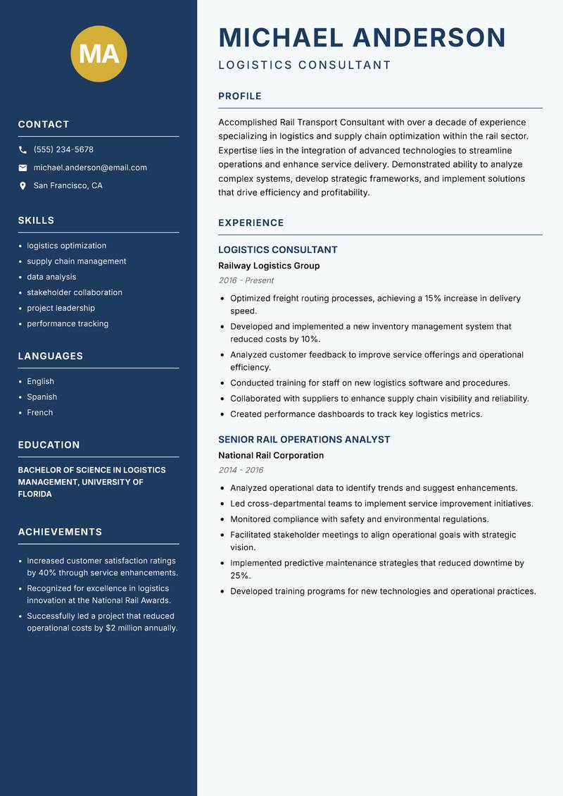 Rail Transport Consultant resume template — Classic Clean