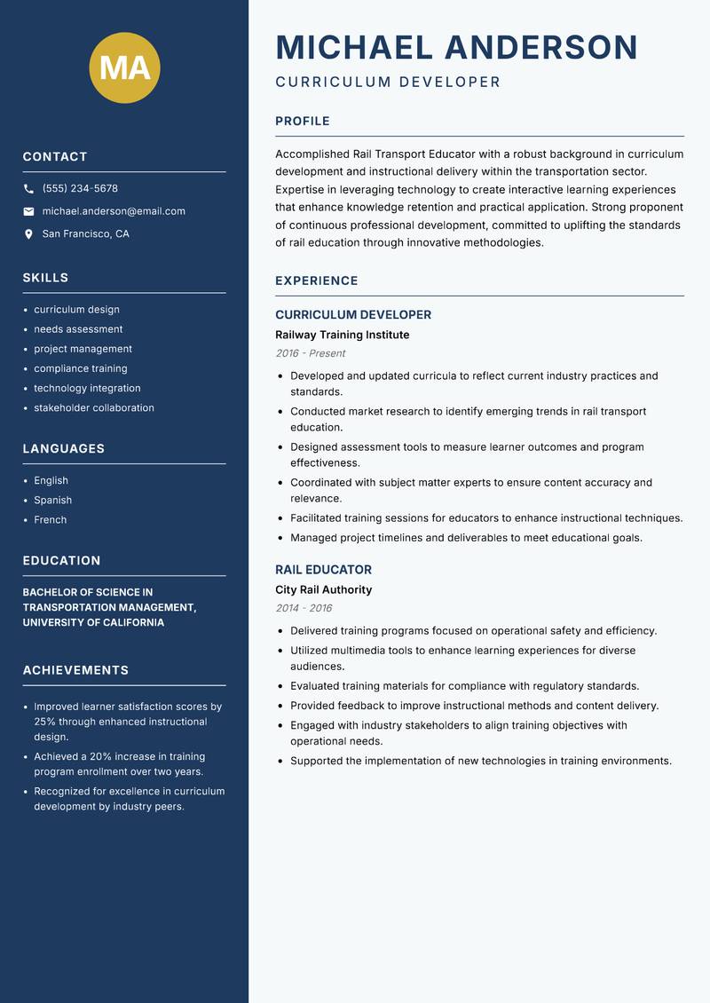 Rail Transport Educator resume template — Classic Clean