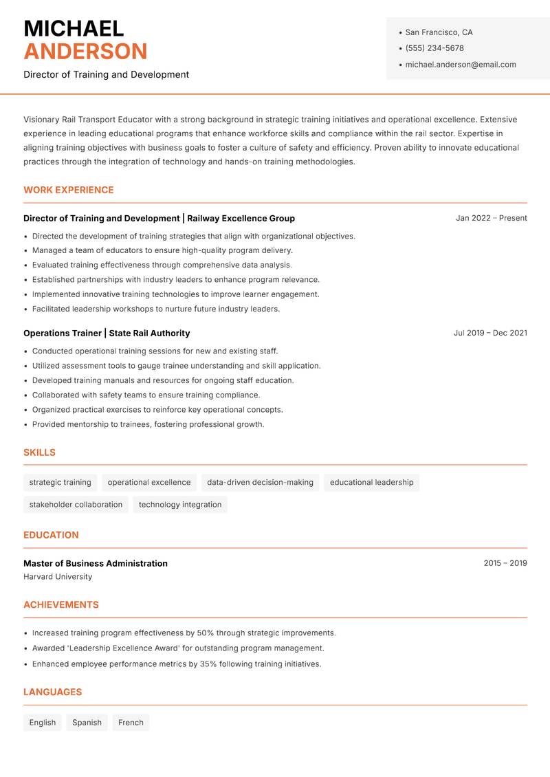 Rail Transport Educator resume template — Modern Professional