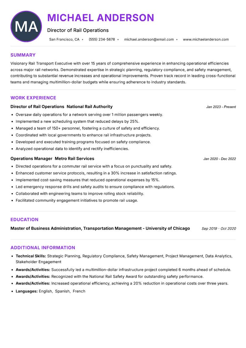 Rail Transport Executive resume example — ATS-friendly template