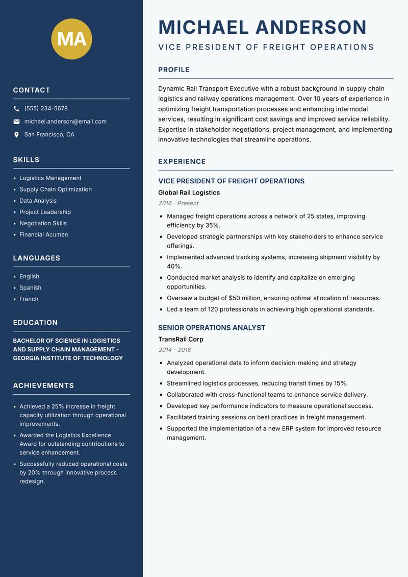 Rail Transport Executive resume template — Classic Clean