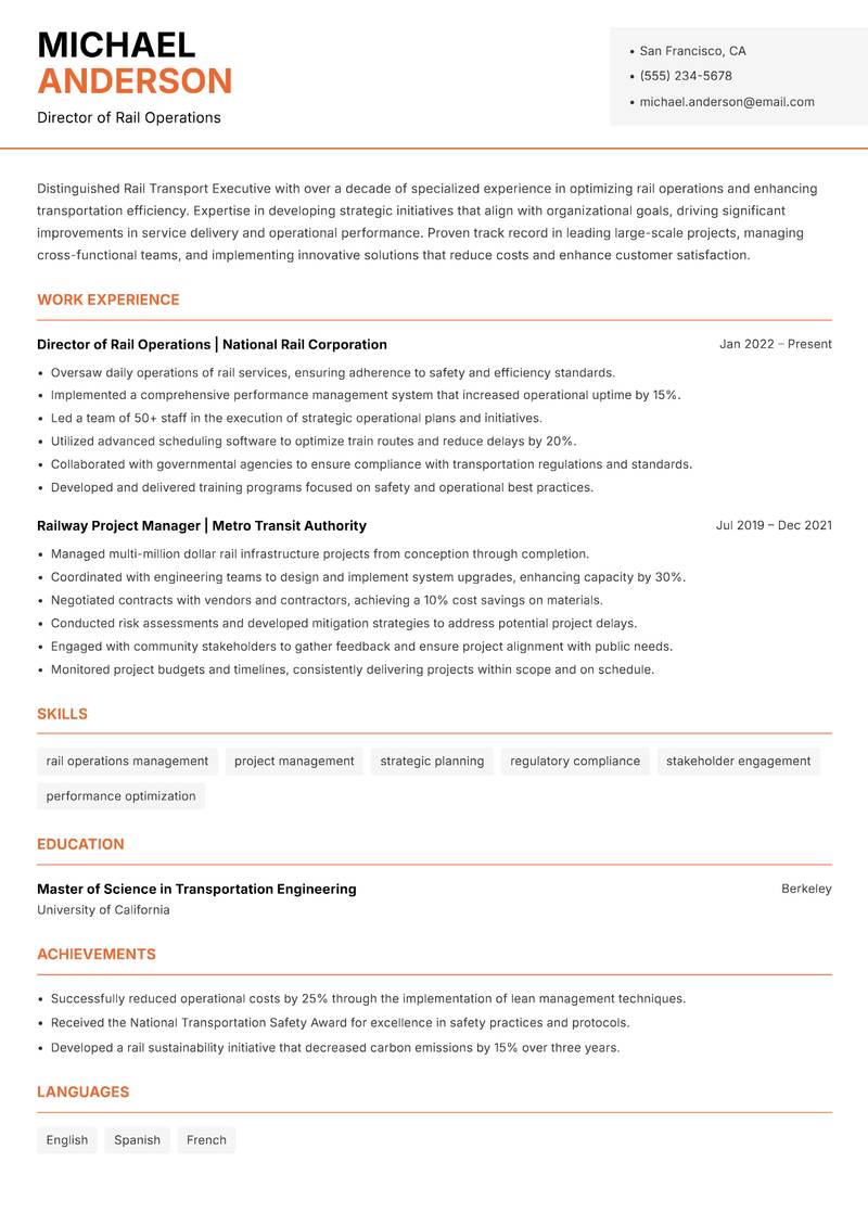 Rail Transport Executive resume template — Modern Professional